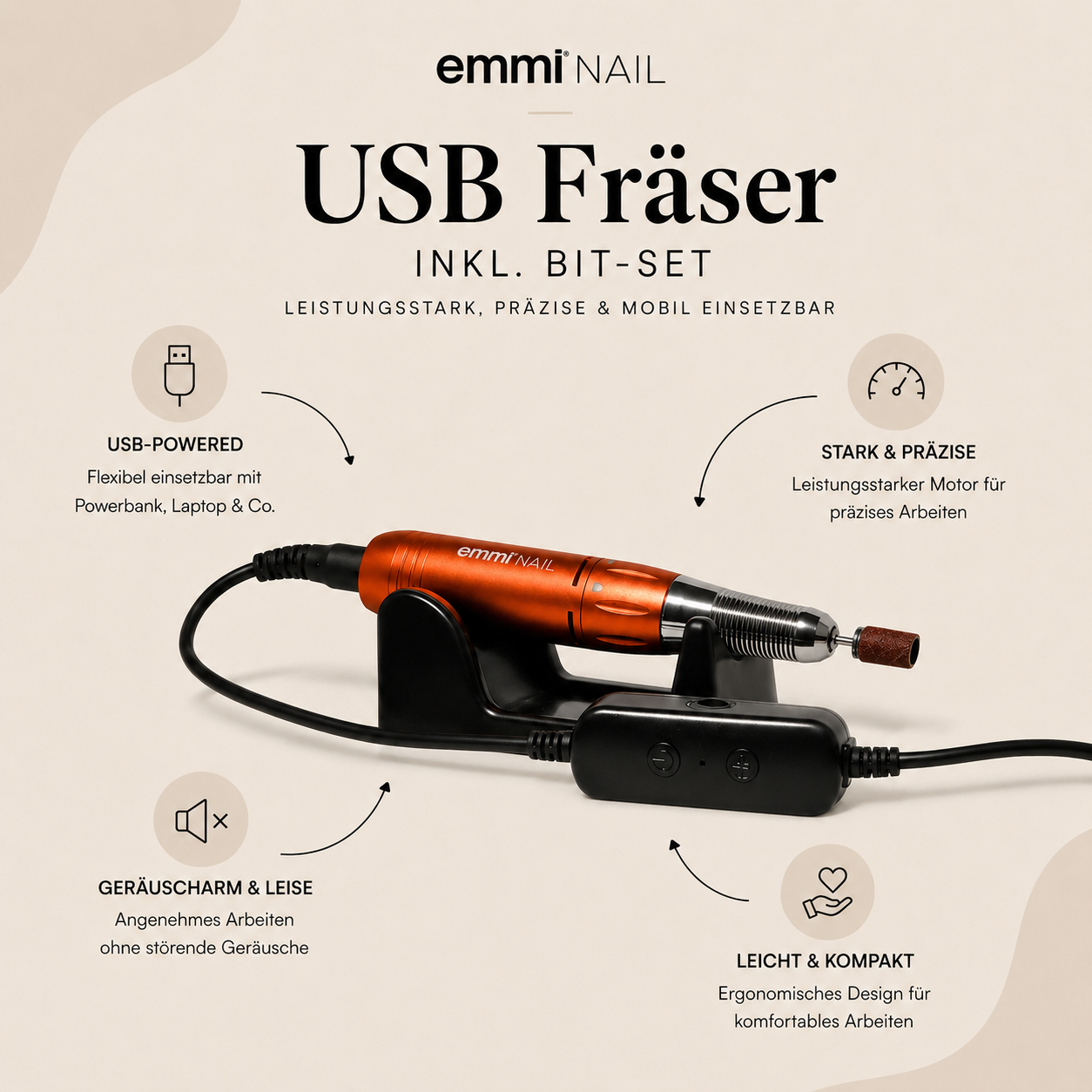 Emmi-Nail USB drill including bit set