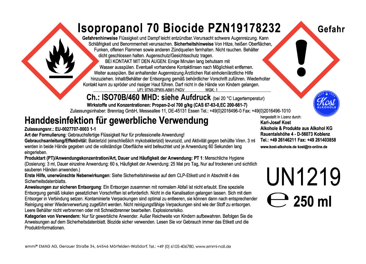 Isopropanol 70 Désinfectant cutané et des mains biocide 250ml