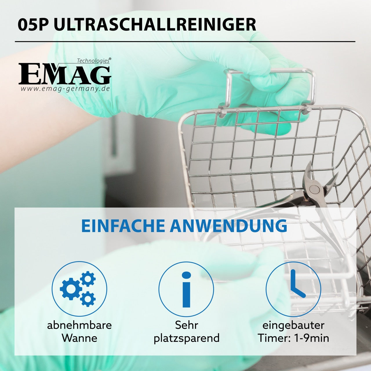 Emmi-05P ultrasonic cleaner with removable tub