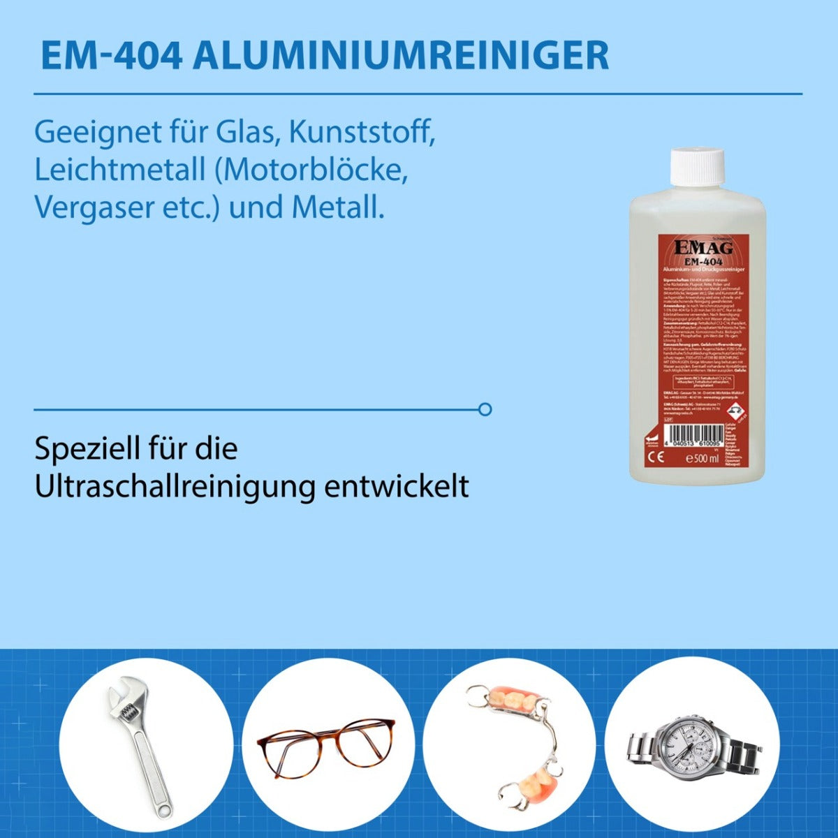 Aluminium- und Druckguss-/Edelmetallreiniger für Ultraschallgeräte EM-404 500ml