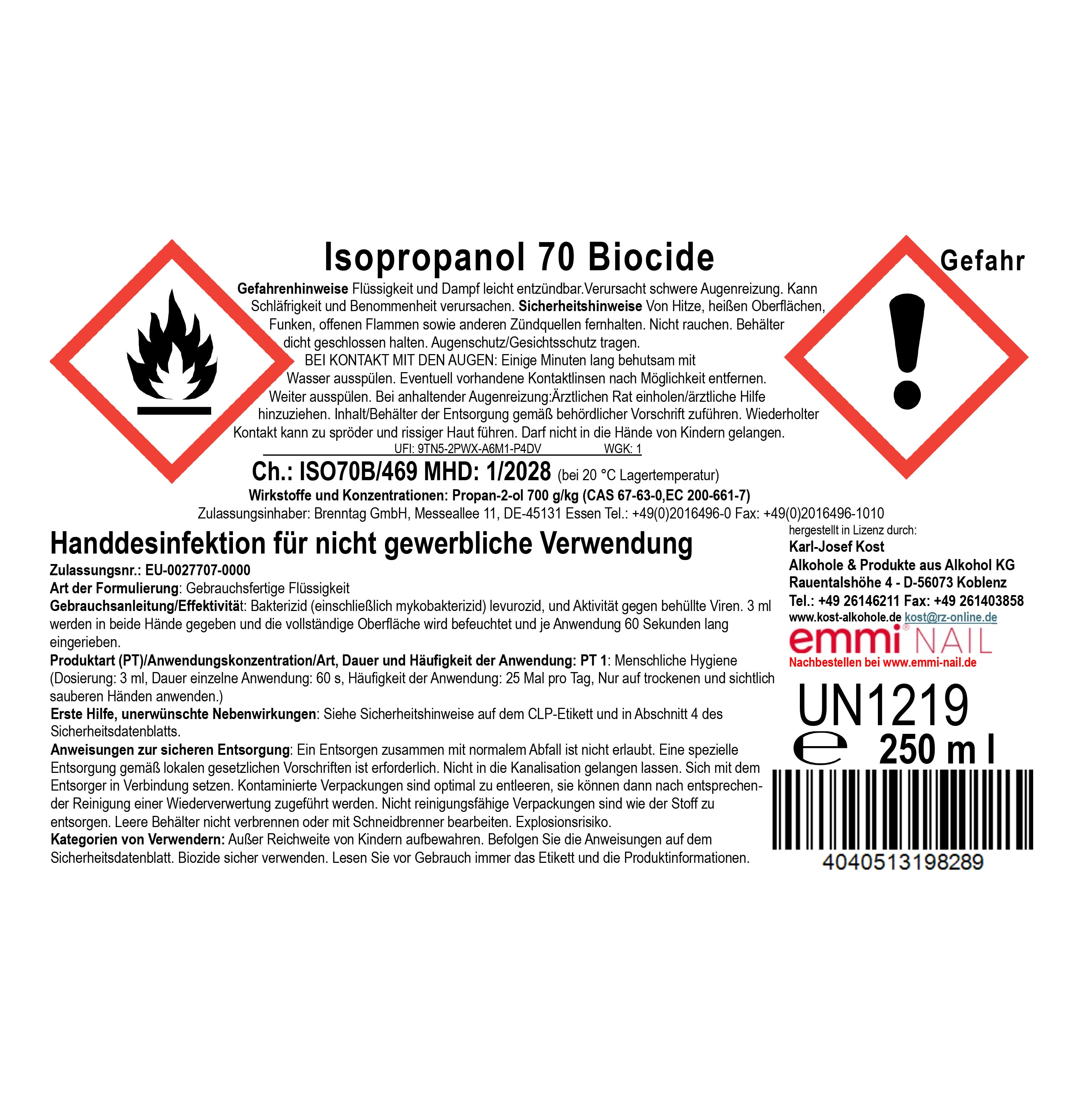 Isopropanol 70 Biocide Haut- und Handdesinfektion 250ml