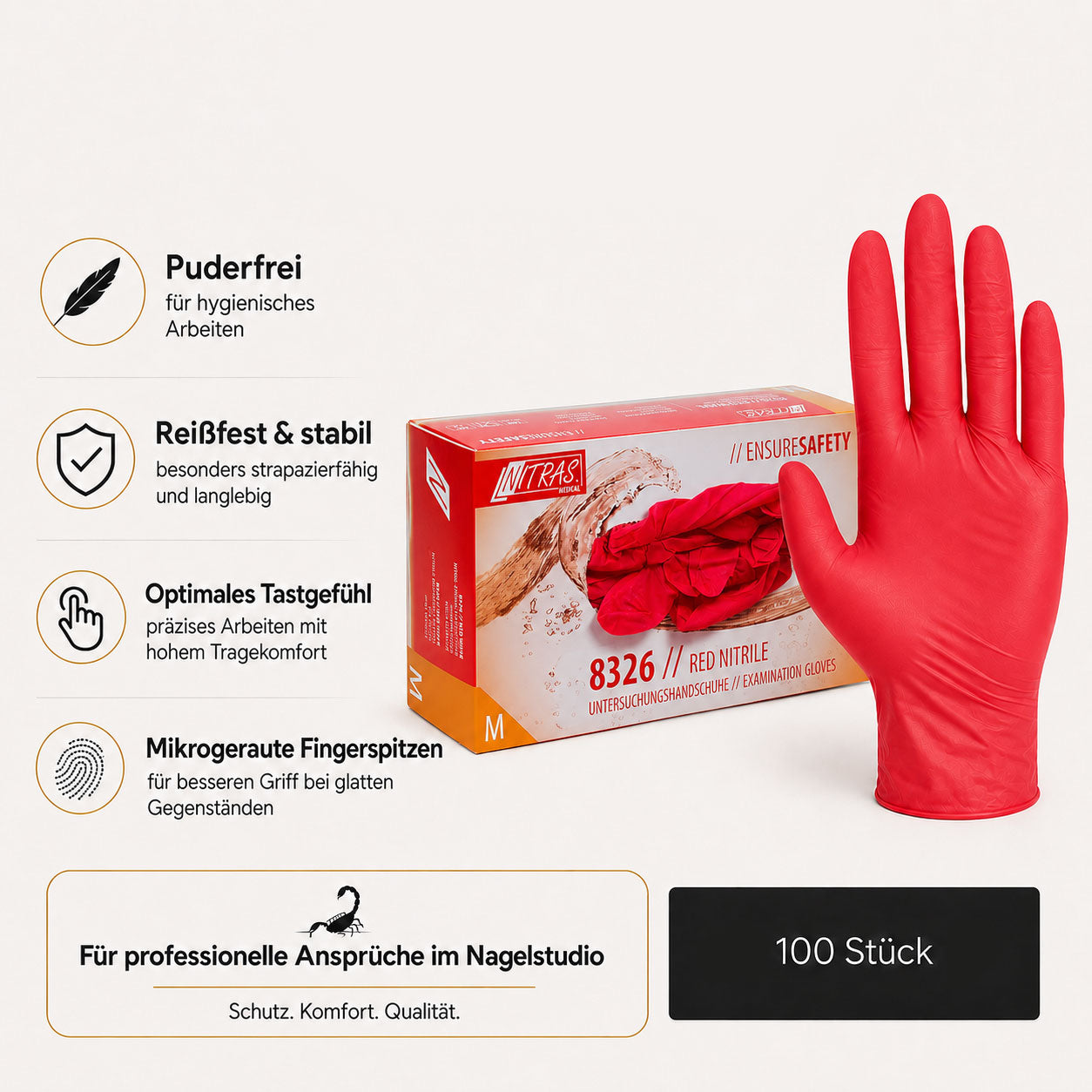 Nitril-Handschuhe puderfrei 100 St. rot, Gr. M